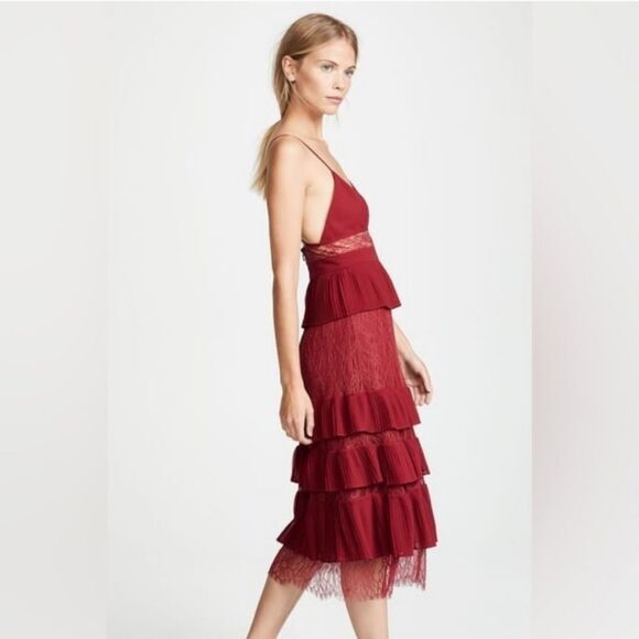 Fame and Partners NWT Felicity Midi Dress Tiered‎ Cocktail Burgundy Size 8 - Picture 2 of 5